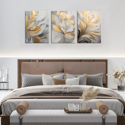3Pcs Modern Abstract Golden White Leaves Canvas Wall Art Neutral Botanical Wall Decor Pictures Luxury Posters Prints for Living Room Bedroom Office Home Decorations, 12x16in