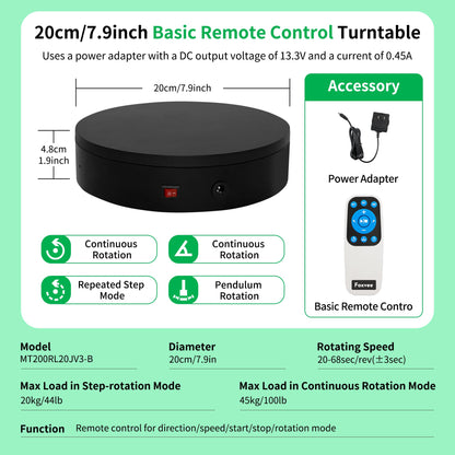 Foxvee Remote-Controlled Motorized Turntable,Motorized Rotating Display Stand,Speed-Adjustable Rotating Platform,Multi-Mode 360° Photography Turntable for 3D Scan,Photography,Showcase(7.87inch/Black)