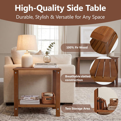 PHOARTS Solid Fir Wood Outdoor Side Table,2 Tier Small Patio End Table with Slatted Storage Shelf,Wooden Accent Table for Porch,Poolside,Garden,Living Room, Bedroom, 16.5 x 12.7 x 17 in,Brown