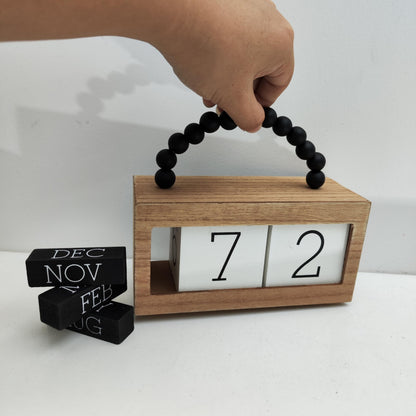 Wooden Perpetual Calendar for Desk, Metal Wood Month Date Display for Teachers, Students, Classroom, Rustic Farmhouse Office Decor, Desk Accessories (Black wood beads)
