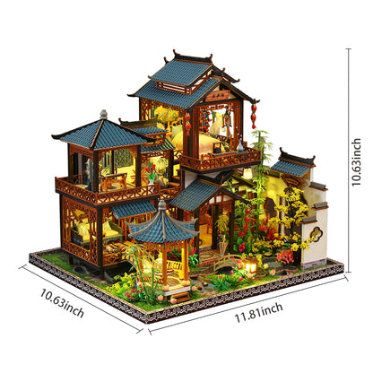 Plustopoy DIY Miniature House Kit: Villa Tiny House Kit with LED Light - DIY Wooden Dollhouse Miniature Kit for Adults Teen, Wooden Crafts Vintage Courtyard Doll House Kit, Great Handmade Crafts Gift