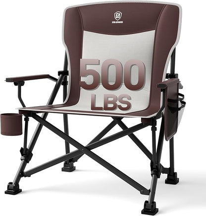 EVER ADVANCED Oversized Folding Camping Chair, for Adults Heavy Duty Lawn Chair with Side Pockets, Portable Collapsible Quad Chair for Outside, Support Up to 500lbs, Red