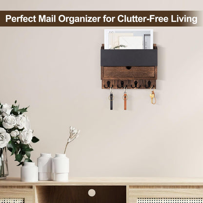 Lucundm Mail and Key Holder Wall Mount with Storage Drawer – Modern Wooden Mail Organizer for Wall Entryway, 7 Key Hooks & Chalkboard Panel – Stylish Home Decor for Apartments, Living Room, Office