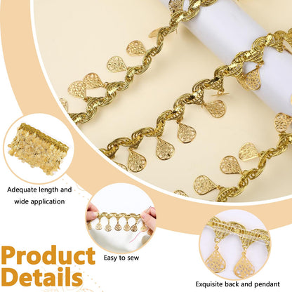 10 Yards Gold Water Droplet Shape Sequin Tassel Trim, 1.57 Inch Width Sequins Lace Tassel Fringe Trim, Sequins Lace Ribbon Fringe for Dance Dress Belt Costume Handbags Decorations Party Accessories