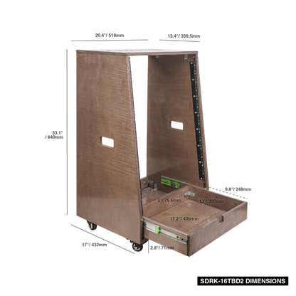 Sound Town 16U DIY Solid Baltic Birch Plywood Slanted Studio Rack with 16U Rack Space, Extra 2U Drawer, Rubber Feet, Casters, Weathered Brown (SDRK-16TBD2)