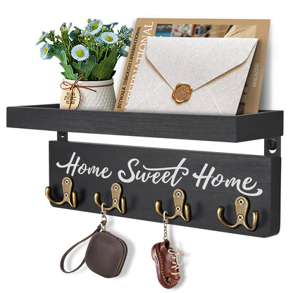 buways Key Holder for Wall Decorative, Rustic Wooden Key Hanger for Wall with 4 Double Key Hooks, Farmhouse Key Holder Rack and Mail Organizer for Home Entryway Decor(Black)
