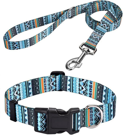 MarukoPet Dog Collar and Leash Set, Adjustable for Small Medium Large Dogs Puppy, Cute Design with Bohemia Floral Tribal Geometric Patterns Boys Girls Dog Collar(Green Bohemia Set,M)