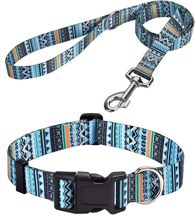 MarukoPet Dog Collar and Leash Set, Adjustable for Small Medium Large Dogs Puppy, Cute Design with Bohemia Floral Tribal Geometric Patterns Boys Girls Dog Collar(Green Bohemia Set,XS)