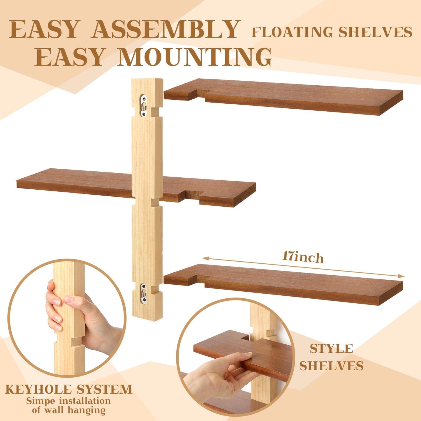Pinkunn 2 Pack Wood 3 Tier Floating Shelf Large Minimalist Wall Shelves Mid Century Modern Furniture Wall Mount Shelf Art Decor Rustic Shelving for Bedroom Living Room Office Home(Natural Wood)