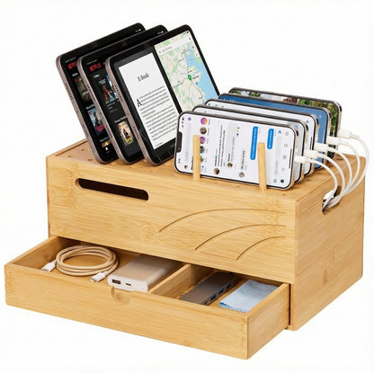 Homde Bamboo Charging Station Organizer: 2 Layer Charger Holder with Drawer for Office Home - Electronic Docking Stand for Multiple Devices, Tablets, Phones