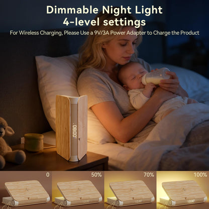 Vivilumens Alarm Clocks Bluetooth Speaker Dual Charging Wireless Bedside Lamp Night Light for Adults Teens with Book Shape Sunrise Wake Up Light for Bedroom Home Decor Gifts for Father（Wooden Grain）
