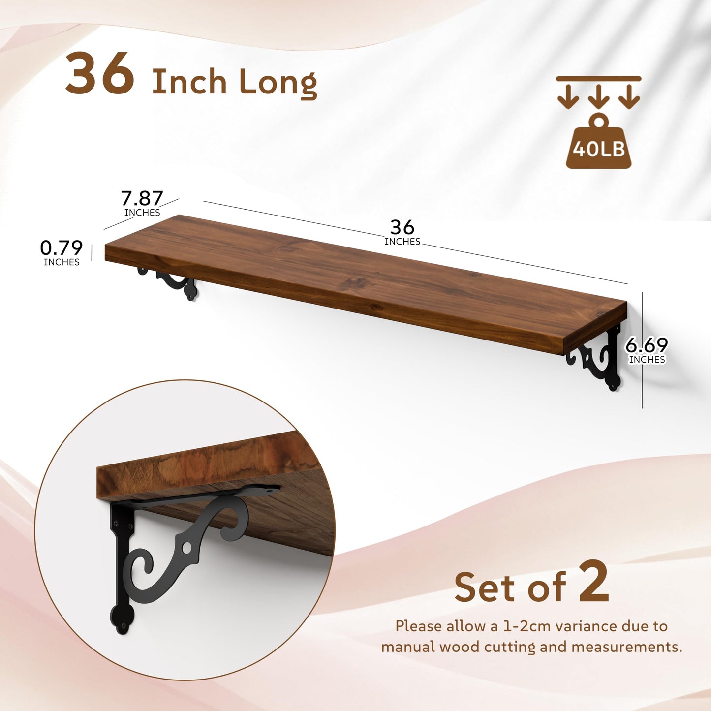 Teneyu Floating Shelves for Wall with Metal Brackets | 36-Inch Pine, Walnut 2-Pack