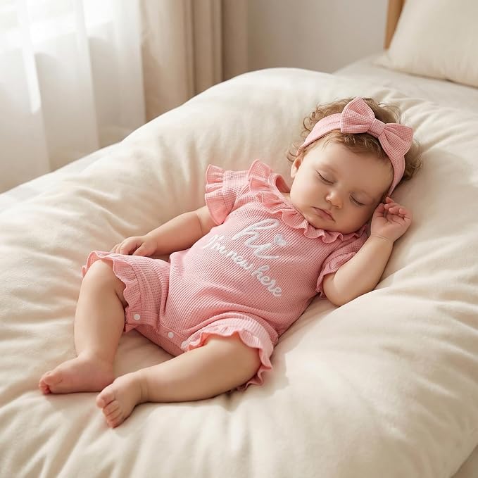 Newborn Baby Girl Clothes Hi Im New Here/Aunties Bestie Ruffle Romper Summer Shortall Jumpsuit Coming Home Outfit