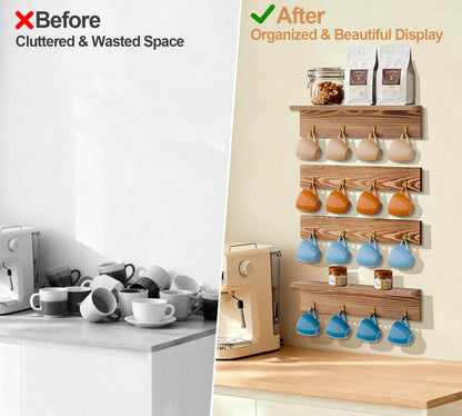 TRSPCWR Coffee Mug Rack Wall Mounted - Coffee Mug Holder with 16 Hooks and Display Shelf, 4 Tier Rustic Wood Bar Cup Organizer for Home Kitchen Display and Collection