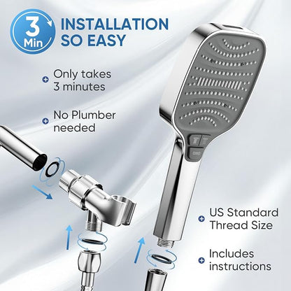 High Pressure Shower Head with Handheld,8 Modes,Heat-Resistant Premium ABS Material,Anti-clog Nozzles,Built-in Power Wash to Clean Tub,Tile & Pets,59″ SUS 304 Hose & Thickened Bracket,Silver