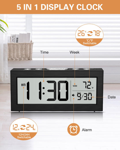 Bomivoi Battery Powered Digital Clock, LCD Digital Clock with Date & Temp Display, 5 Alarm Schedule, Snooze, 12/24 H, Auto Dimming, 5s Backlight, Small Alarm Clocks for Bedroom, Office, Travel