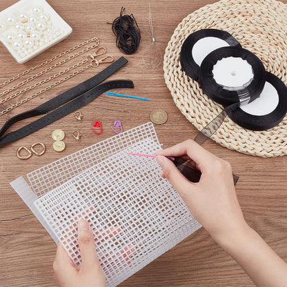 WADORN DIY Knitting Crochet Handbag Kits, Handmade Woven Bag Making Cross Stitch Mesh Plastic Canvas Sheets Set Hand-Knit Craft Shoulder Bags Needlepoint Kit with Ribbon Materials, Black