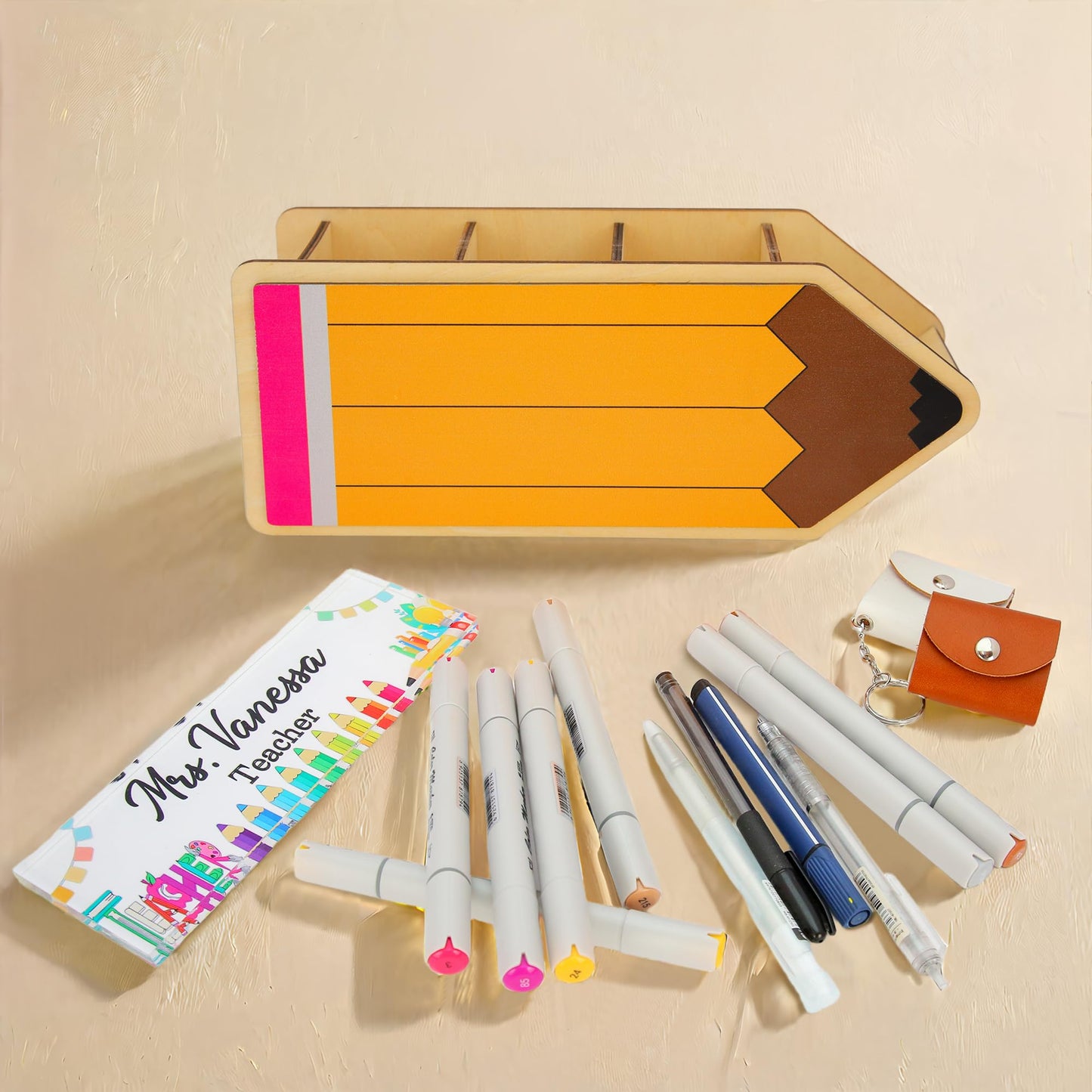 TINGKU 10" Desk Organizer – Classroom Crayon & Pen Holder, Wooden Pencil Parking Dispenser for Teachers, Teacher Appreciation Gift