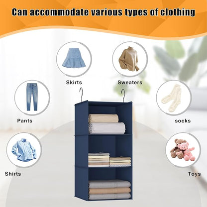 Hanging Closet Organizer 3-Shelf, Oxford Fabric Wardrobe Storage, Navy Blue | Easy-mount foldable design holds clothes, handbags, shoes & accessories; washable Oxford fabric, sturdy and space-saving.