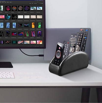 All-in-One Leather TV Remote Control Holder Black with 5 Compartments Nightstand Desktop DVD Media Player Remote Caddy Storage Box Organizer Tray For Makeup Brush Pen Stationary Table Controllers
