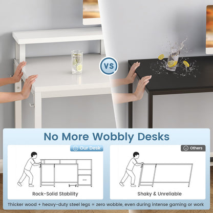 SEDETA 66" L Shaped Desk with Power Outlet, Reversible Home Office Computer Desk with File Drawer & Monitor Shelf, Storage Shelves, LED Lights for Corner Small Spaces, White
