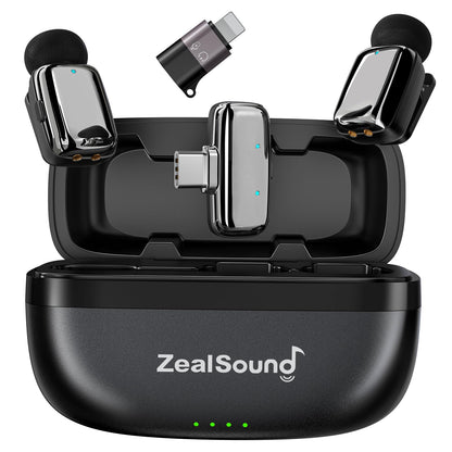 ZealSound Mini Wireless Lavalier Microphone for iPhone iPad Android, Dual Channel Wireless Microphones with Noise Cancellation, Mute & Volume Control, 33H Battery Case, USB-C & Lightning Plug & Play
