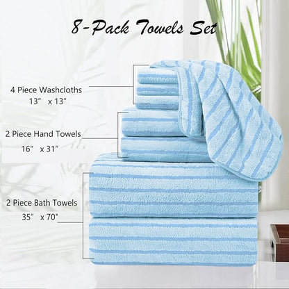 8 Pcs Blue Cabana Stripe Bath Sheet Set Oversized Bath Towel-2 Bathroom Sheets