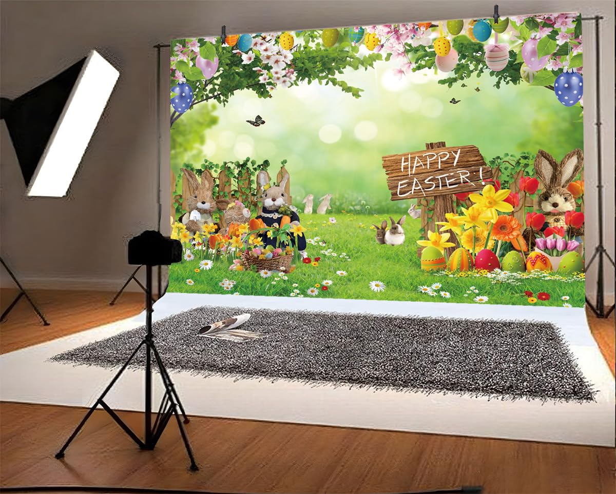 ChromaVerse 10X8FT Happy Easter Photography Backdrop Flowers Eggs Spring Garden Festival Party Decoration Banner CV-202