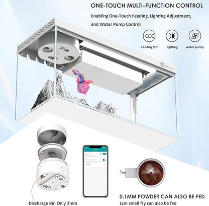 Smart Fish Tank Aquarium Kit with APP Control and Auto Feeder -1.5 Gal Fish Tank Multi-Layer Filtration System Silent Pump & UHD Glass -16 Million DIY Colors Includes Mini Magnetic Scrubber Scraper