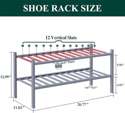 Smiry Bamboo Shoe Rack, 2 Tier Free Standing Wooden Shoe Organizer, Stackable Wood Shoe Storage Shelf for Closet, Entryway, 12 Vertical Slats, One-piece Standard Legs, 26.8"x11"x13", Grey