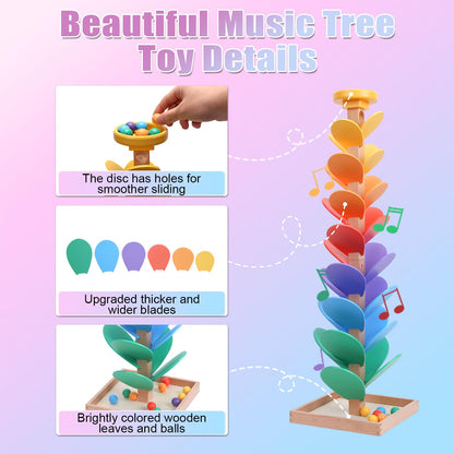 Rainbow Music Tree Toy, Wooden Marble Run Ball Drop Toy for Kids Ages 3+