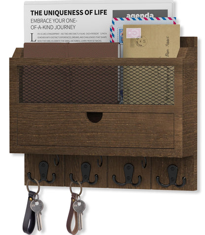 Nekon Mail Organizer with Drawer for Wall, 12"W x 10"H x 3.1"D Mail Sorter Wall Mounted, Wooden Key Holder Wall File Organizer Letter Sorter for Letter Magazines (Brown)