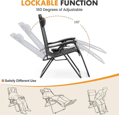 NEWBULIG Zero Gravity Chair Set of 2, Lounge Chair Folding Portable Adjustable Camping Reclining Chairs with Adjustable Pollow, Mesh Back, Cup Holder Trays Lawn Patio Chair for Pool Beach - Black