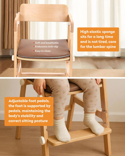 Wooden High Chair for Teens with Adjustable Seat, Backrest & Footrest