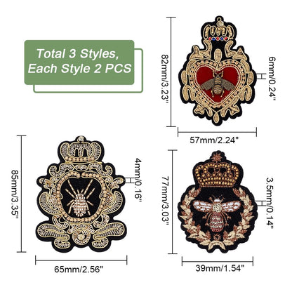 AHANDMAKER 6pcs Crown Bee Badge Embroidered Applique Patch, 3 Style Embroidered Badge Patch Sew On Patches DIY Decorative Applique Patches for Dress Jeans Jackets Handbag Clothing