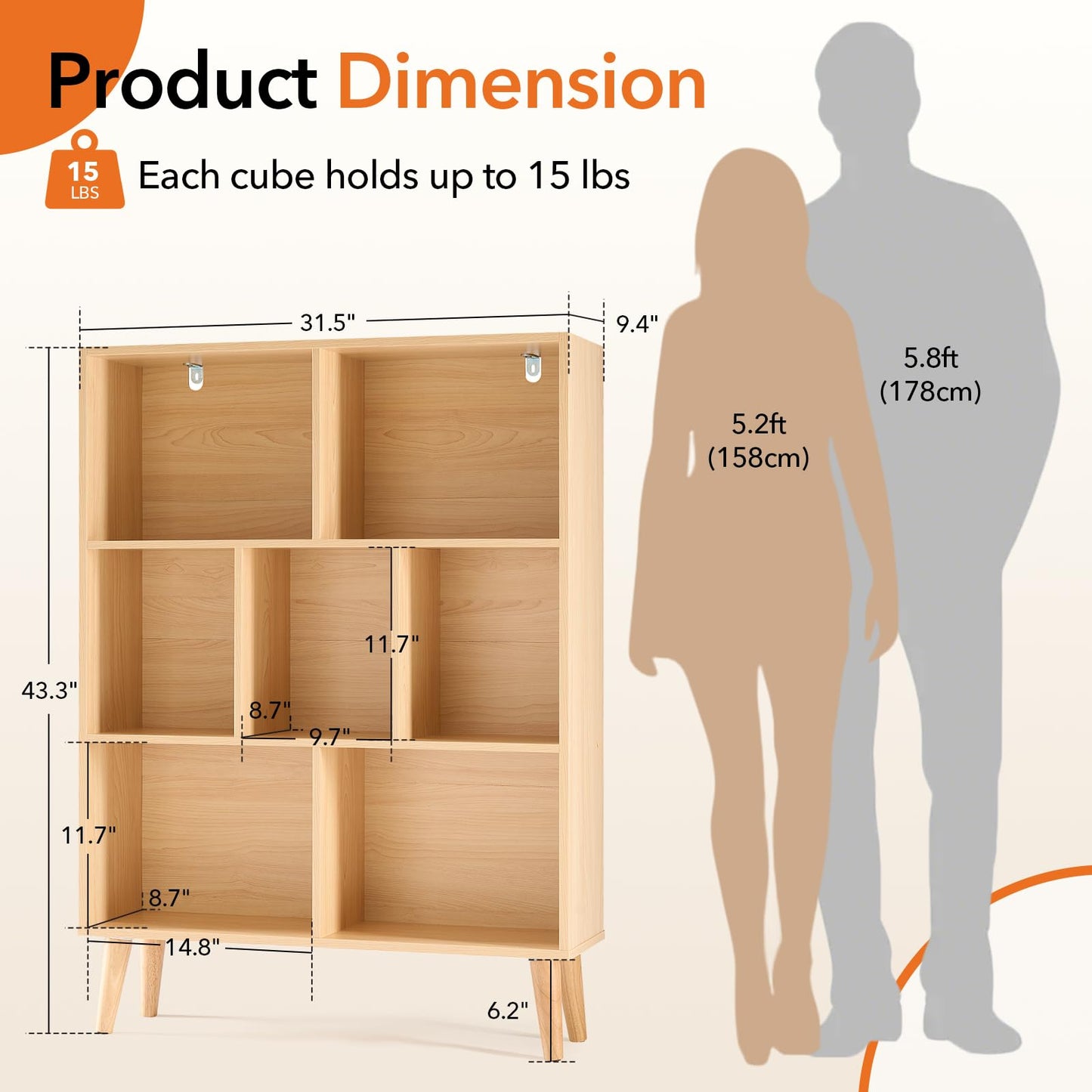 HAPPYMONT 3-Tier Bookcase, 7 Cube Modern Wooden Storage Organizer with Legs, Open Display Shelves for Living Room Bedroom Home Office, Freestanding Bookshelf, Natural Wood