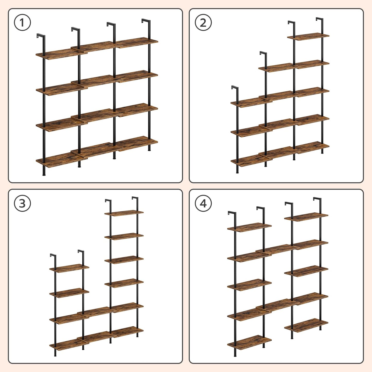 HOOBRO DIY Ladder Shelf, 6-Tier Wooden Wall Mounted Bookshelf, Narrow Bookcase, Display Shelf, Storage Rack, Plant Stand, for Living Room, Bedroom, Study, Balcony, Rustic Brown and Black BF651CJ01