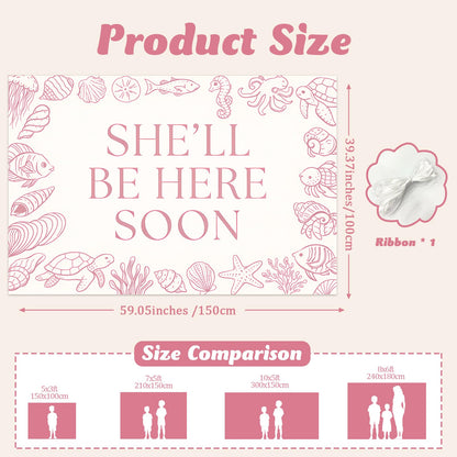 She'll Be Here Soon Backdrop Sea You Soon Baby Shower Decorations Banner Pink Seashell Seahorse Starfish Ocean Animals Photography Background for Girls Under The Sea Baby Shower Supplies 5x3ft