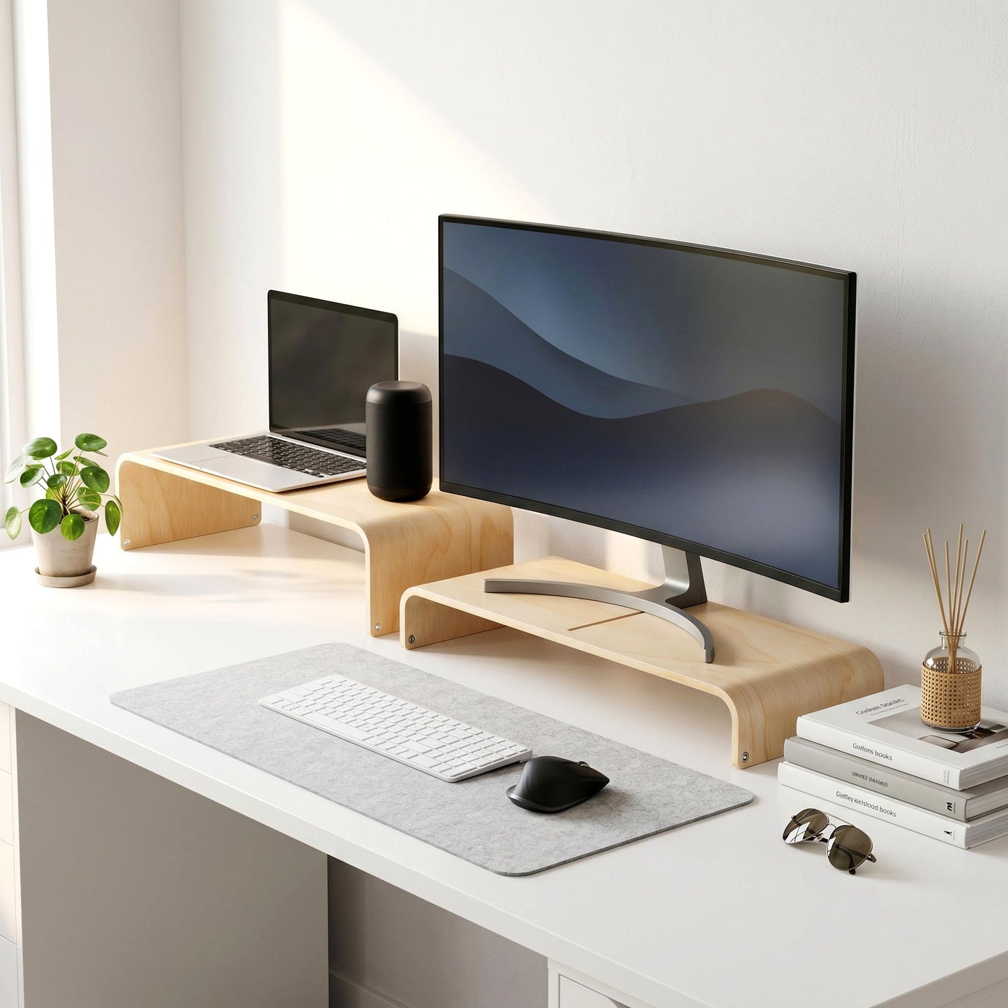 APRTAT Wood Monitor Stand Riser, Solid Woodon Dual Monitor Riser with Storage, 2-Tier Natural Monitor Riser with Storage, Computer Stand Keyboard Organizer