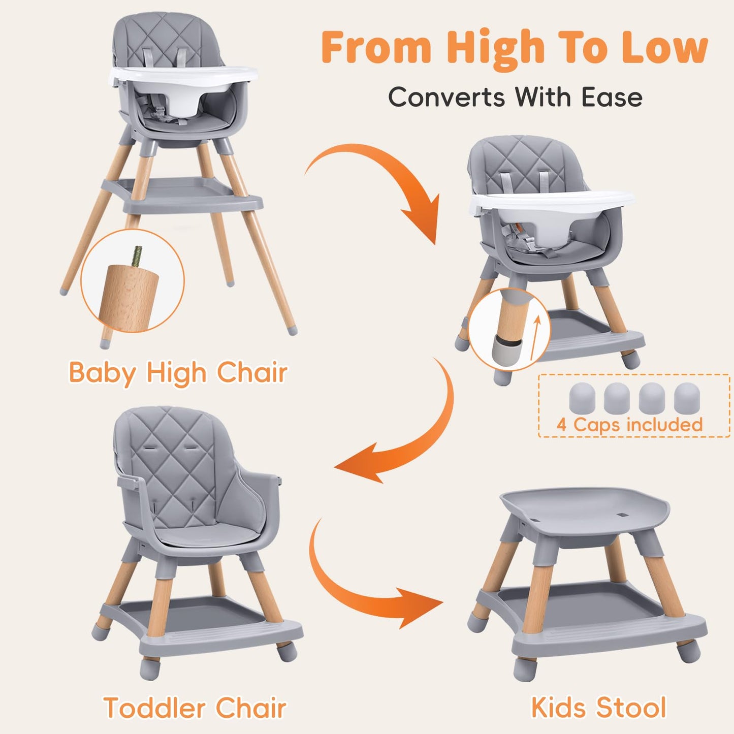 Babyliebe Baby High Chair, 8 in 1 Convertible Wooden High Chair for Babies and Toddlers, Converts to Booster Seat, Toddler Chair & Stool, with Removable Double Tray, Adjustable Legs & Footrest (Gray)