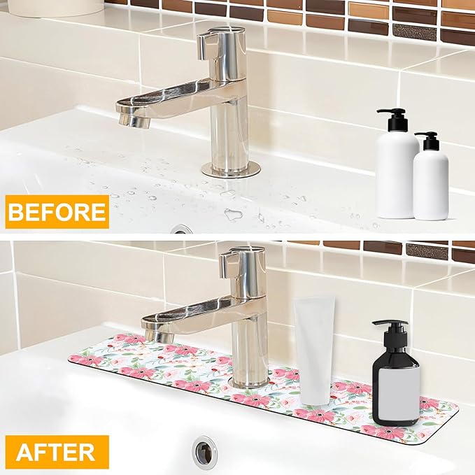 2 Pack Watercolor Floral Sink Faucet Absorbing Mat White Pink Flowers Super
