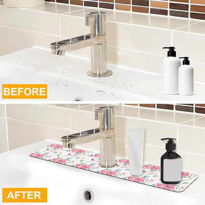 2 Pack Watercolor Floral Sink Faucet Absorbing Mat White Pink Flowers Super
