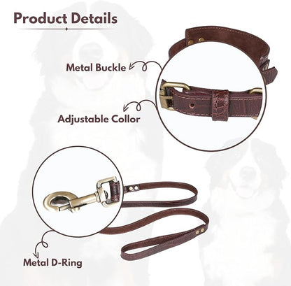Lightnpro Genuine Leather Dog Collar & Leash Set - Adjustable 24" Collar with Metal Buckle + Durable Lead - Premium Walking & Training Gear for Large Breeds (German Shepherd, Bernese, St. Bernard)
