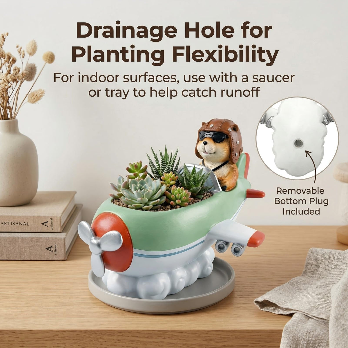 KREATIA Groundhog Pilot Airplane Planter with Drainage Hole, Resin Decorative Plant Pot for Succulents, Air Plants or Faux Greenery, Desk Shelf Windowsill Home Office Decor, 8.8 Inch