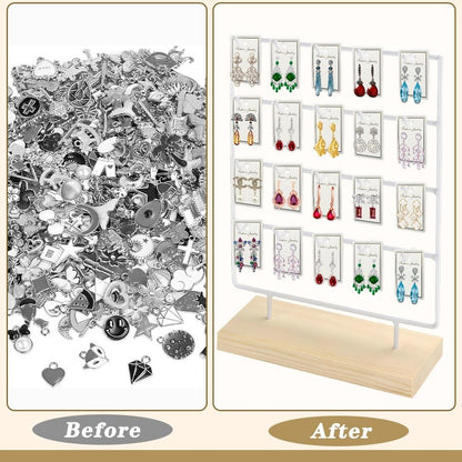 Kvittra Earring Display Stand for Selling, Wood Earring Rack Display Holder Stand, 4 Tier 20 Hooks Jewelry Display for Selling with 40pcs Earring Cards, Bracelets, Rings, Necklaces