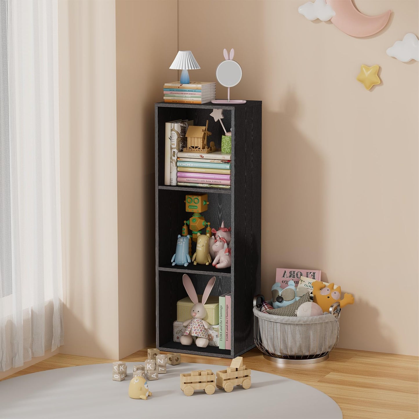 Nestwise 3 Tier Bookshelf, Narrow Bookcase for Small Spaces, Wooden Book Case Bookshelves Storage Organizer for Bedroom Living Room Home Office (Black, 3 Cube)