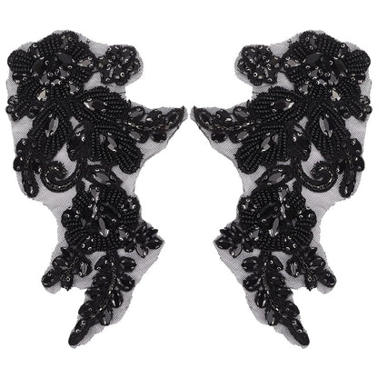 CABODYALS 2Pcs Black Floral Rhinestone Applique Handmade 3D Flower Pearl Beaded Lace Trim Appliques Crystal Bead Embroidery Sew on Tulle Pathes for Sewing Making Dresses Bridal Wedding Gowns Clothes