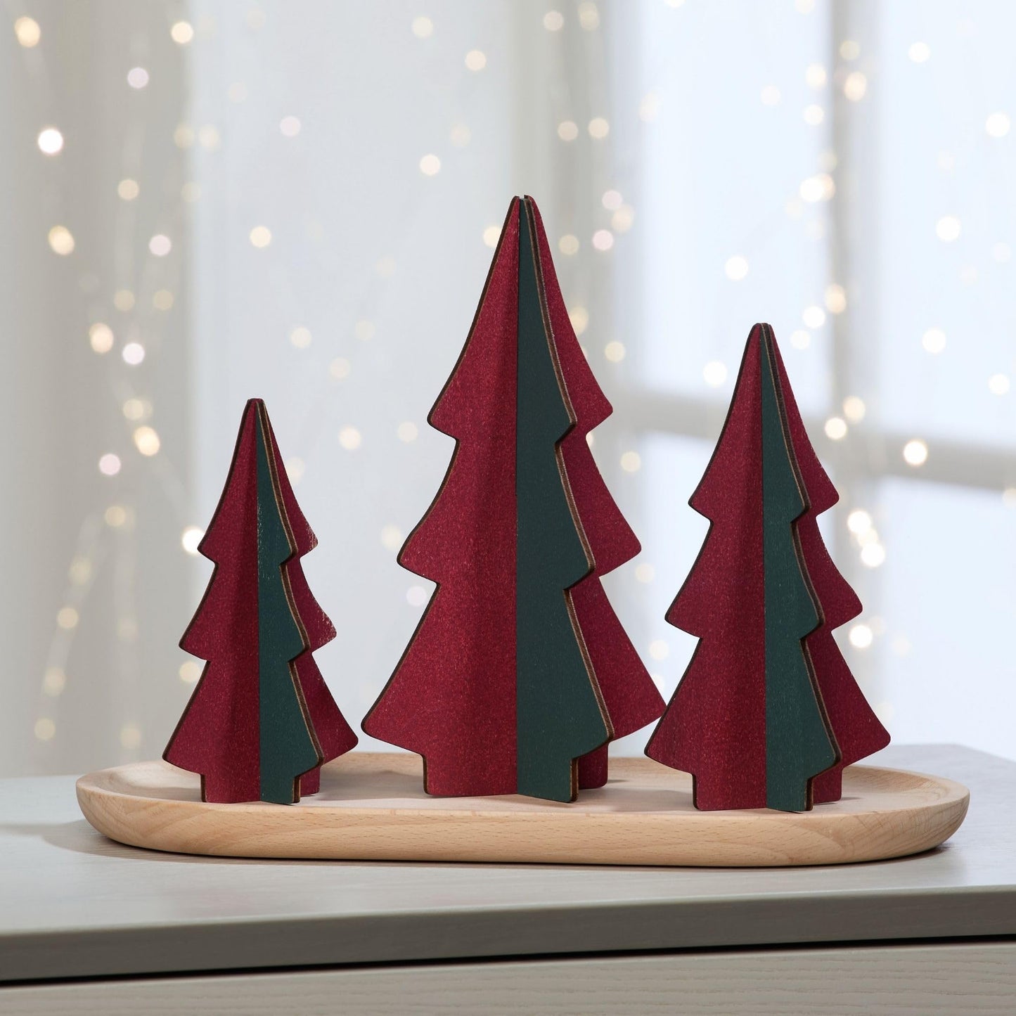 Your Heart's Content Set of 3 Wood Slotted Trees Multi-Colored Wooden Interlocking Trees, Shelf sitters, Valentine Mantel, Winter Tabletop Accent, Festive Table, Handmade (Set 3 Burgundy)