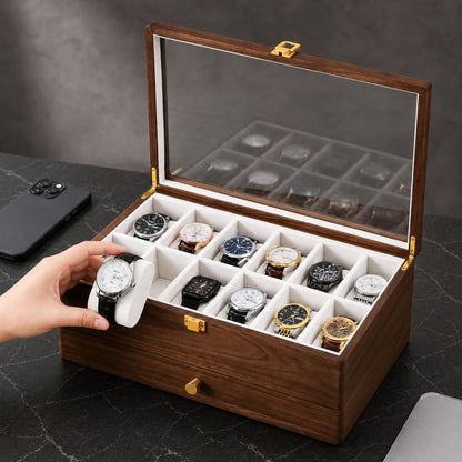 Black Walnut Watch Box for Men, 12 Slot Wooden Watch Organizer with Glass Lid, 2 Layer Watch Display Case with Drawer Jewelry Storage Box, Gift for Husband, Dad, Anniversary, Father’s Day, Women