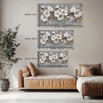 LAVIKARS Modern Gray Flowers Wall Art for Living Room Office White and Golden Floral Landscape Canvas Painting Prints Large Delicate Petals Artwork Kitchen Home Bedroom Decor (16x30 Inches)